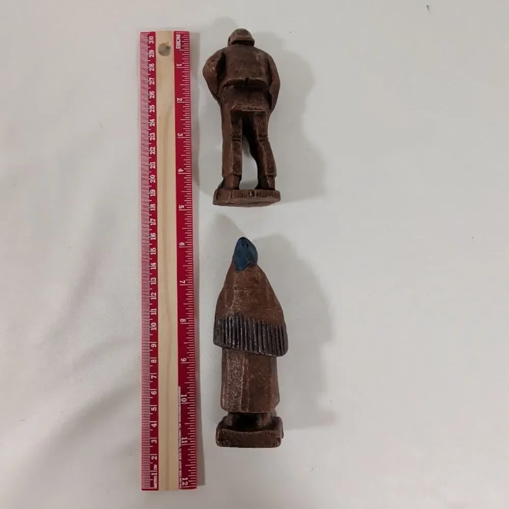 Vintage Hand Carved Wood Folk Art Man & Woman Figurines Painted Pair 4.5